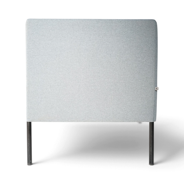 Loopr AS Hjelle sofa in light blue fabric with black metal legs, side view showing clean minimalist design