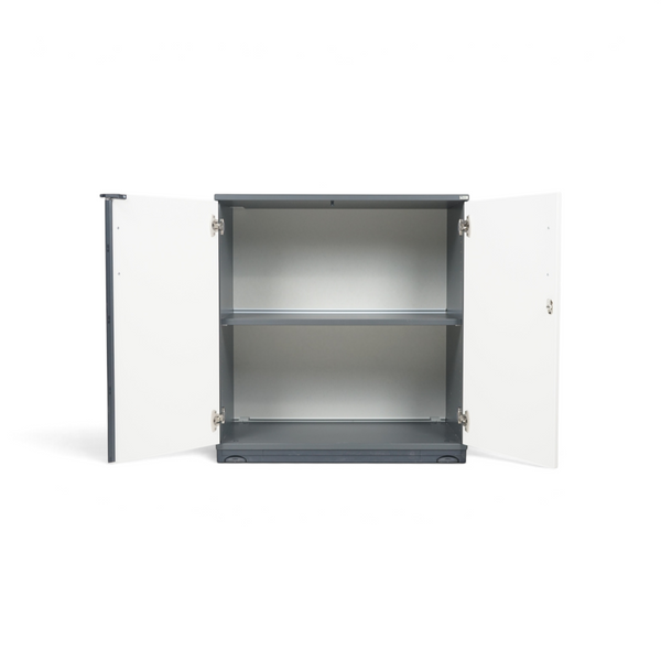 Loopr AS Kinnarps kontorskap i mørkegrått med hvite dører og to åpne hyller, 85x80x40 cm.