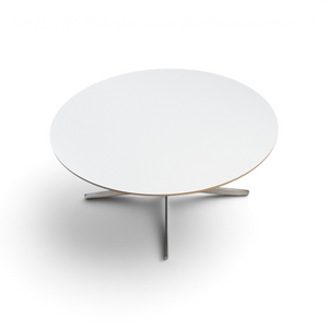 Rundt hvitt sofabord med sølvfarget kryssunderstell, 90 cm diameter