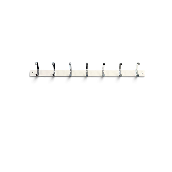 Refurnish by Loopr wall-mounted coat rack with 7 silver metal hooks on a long, minimalist horizontal strip.