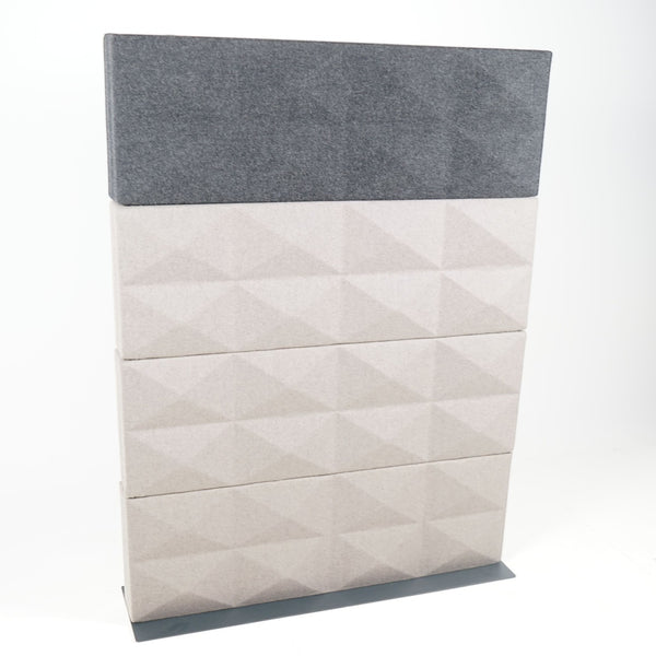Refurnish by Loopr acoustic screen divider with grey felt top and textured light beige panels.