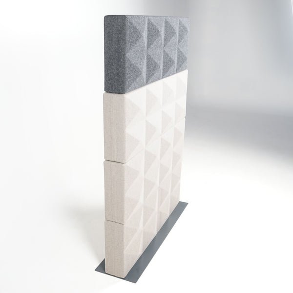Refurnish by Loopr acoustic screen divider with grey felt top and beige textured base, geometric pattern.