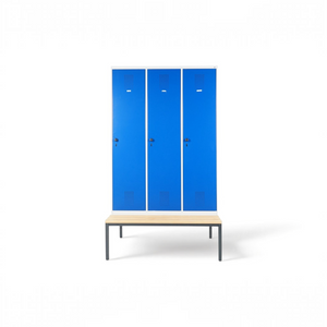 Refurnish by Loopr CLASSIC garderobeskap med tre blå seksjoner og integrert benkestativ i stål og tre.