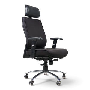 Refurnish by Loopr black ergonomic office chair with adjustable headrest, armrests, and a chrome five-star base.