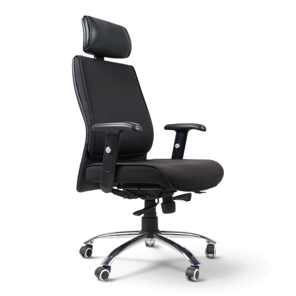 Refurnish by Loopr black ergonomic office chair with adjustable headrest, armrests, and a chrome five-star base.
