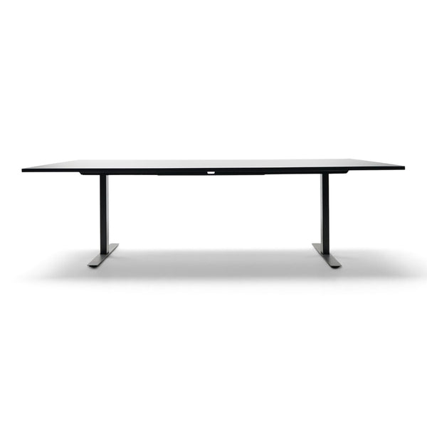 Refurnish by Loopr black rectangular meeting table measuring 240x120 cm with a sleek, minimalist design.