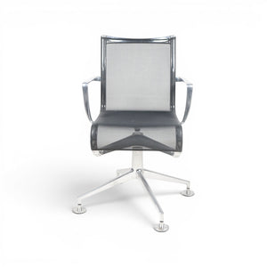 Refurnish by Loopr black mesh conference chair with silver frame and arms, on a five-star base.