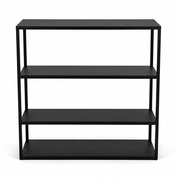 Refurnish by Loopr black metal shelving unit with three open tiers and a minimalist rectangular frame