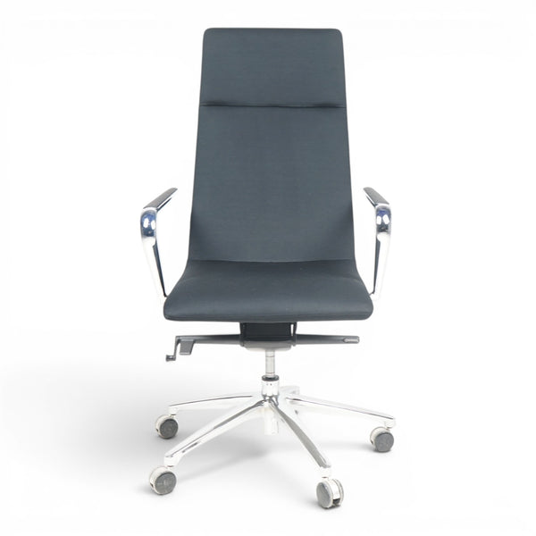 Refurnish by Loopr black fabric office chair with armrests and chrome base