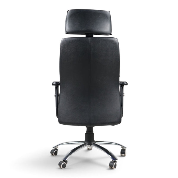 Refurnish by Loopr black office chair with headrest, adjustable height, and chrome base, viewed from the back.