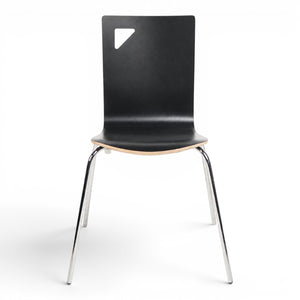 Refurnish by Loopr black stackable chair with a cutout detail in the backrest and slim chrome metal legs