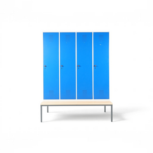 Refurnish by Loopr garderobeskap CLASSIC med fire blå dører og integrert benkestativ i lyst tre