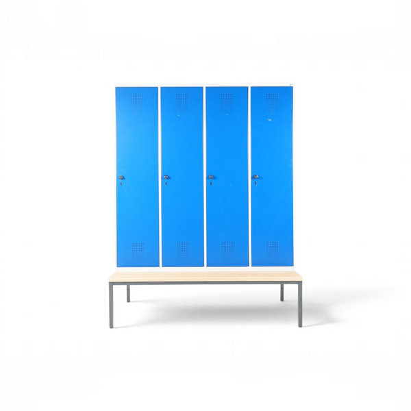 Refurnish by Loopr garderobeskap CLASSIC med fire blå dører og integrert benkestativ i lyst tre