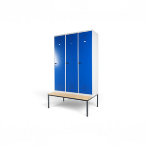 Refurnish by Loopr CLASSIC garderobeskap med tre blå seksjoner og integrert benkestativ i stål og tre