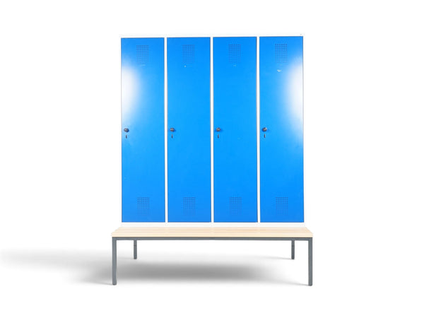 Refurnish by Loopr garderobeskap CLASSIC med fire blå dører og integrert benkestativ i stål og tre.