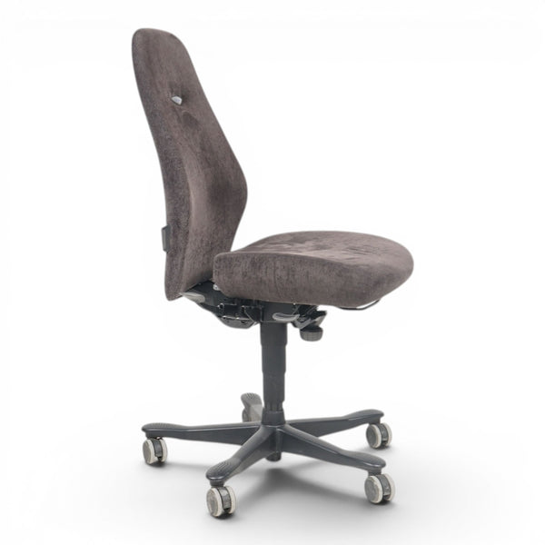 Refurnish by Loopr brown upholstered office chair with adjustable height and ergonomic back support.