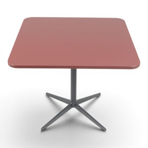 Refurnish by Loopr square burgundy nano-laminate tabletop with a black star base pedestal.