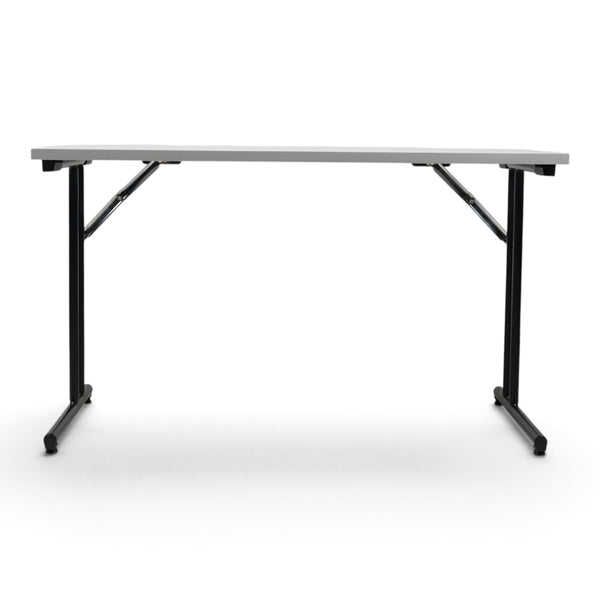 Refurnish by Loopr rectangular folding table with a grey top and black metal frame for flexible office use