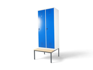 Refurnish by Loopr CLASSIC garderobeskap med to blå dører, hvit ramme og integrert benkestativ i stål og tre