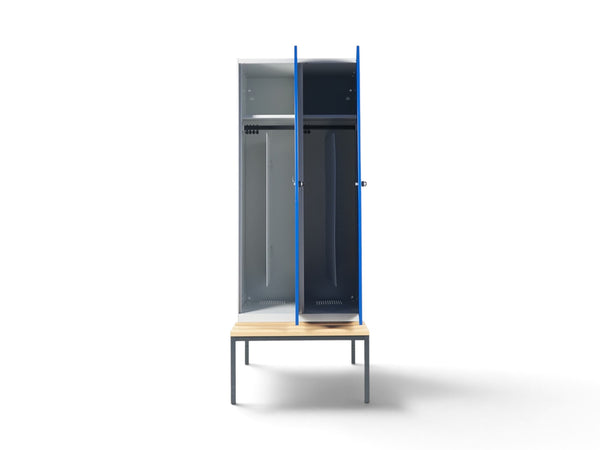 Refurnish by Loopr CLASSIC garderobeskap med to seksjoner, blå dører og integrert benkestativ i stål