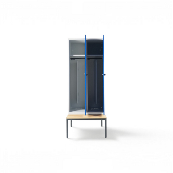 Refurnish by Loopr CLASSIC garderobeskap med to seksjoner, blå dører og integrert benkestativ i stål