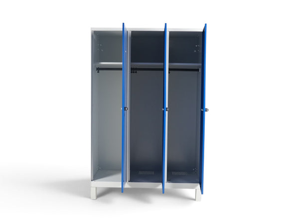 Refurnish by Loopr CLASSIC garderobeskap med tre seksjoner, blå dører og hvit ramme på bensokkel