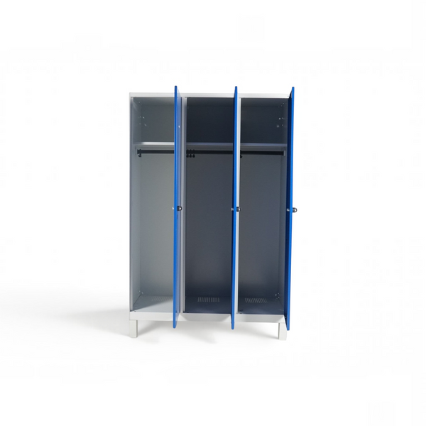 Refurnish by Loopr CLASSIC garderobeskap med tre seksjoner, blå dører og hvit ramme på bensokkel