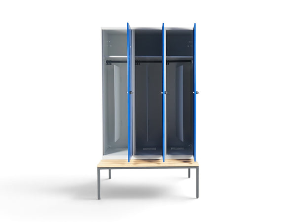 Refurnish by Loopr garderobeskap CLASSIC med tre seksjoner, blå dører og integrert benkestativ i stål.
