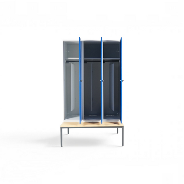 Refurnish by Loopr garderobeskap CLASSIC med tre seksjoner, blå dører og integrert benkestativ i stål.