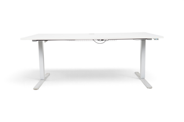 Refurnish by Loopr electric height-adjustable desk with a grey laminate top and grey metal frame, 180x80 cm.