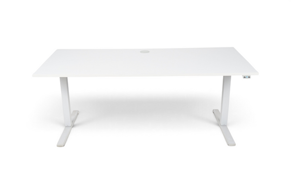 Refurnish by Loopr electric height-adjustable desk with a grey laminate top and grey metal frame, 180x80 cm