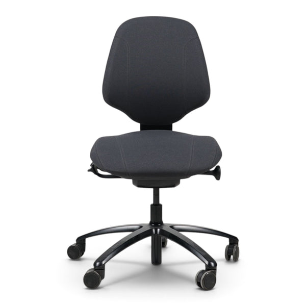 Refurnish by Loopr ergonomic grey fabric office chair with adjustable height and wheels, armless design.