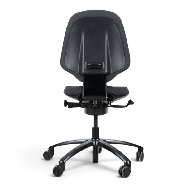 Refurnish by Loopr ergonomic grey fabric office chair without armrests, back view showing adjustable base and wheels.