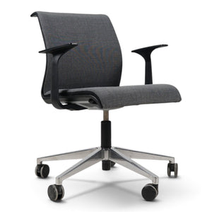 Refurnish by Loopr grey fabric office chair with armrests, adjustable height, and a five-star base with wheels.