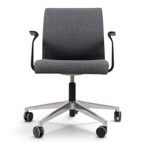 Refurnish by Loopr grey fabric office chair with armrests, adjustable height, and a five-star base with wheels.