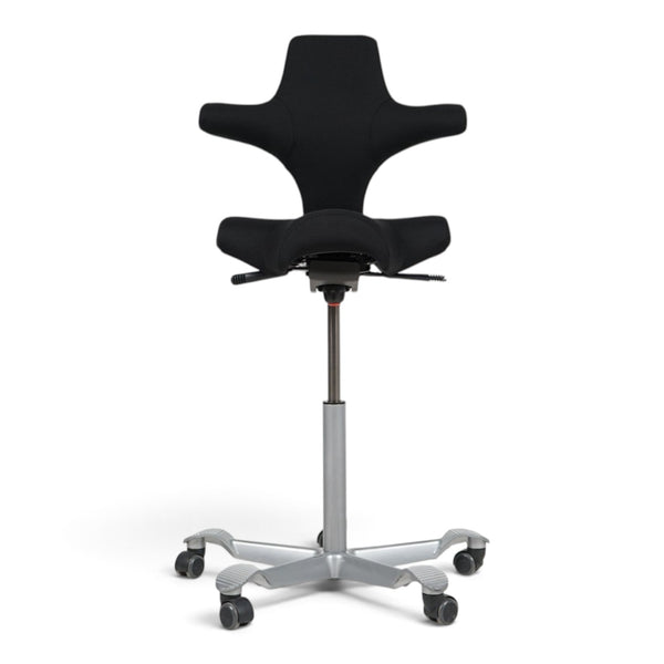 Refurnish by Loopr HÅG Capisco 8106 ergonomic office chair with black saddle seat and silver grey base