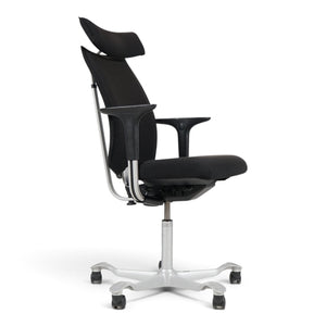Refurnish by Loopr HÅG H05 5600 ergonomic office chair in black fabric with headrest, armrests, and grey base.