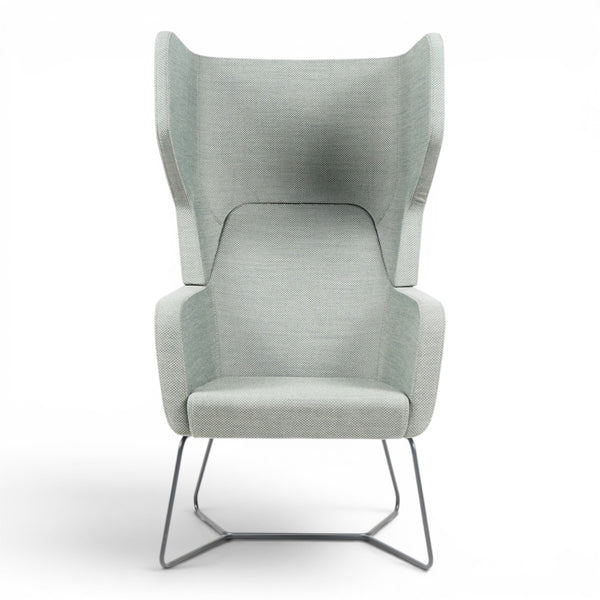 Refurnish by Loopr HarcTub high-back armchair in light grey fabric with sled base. Modern wingback chair.