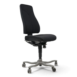 Refurnish by Loopr black Kinnarps ergonomic office chair with a high backrest and grey rolling base, side view.