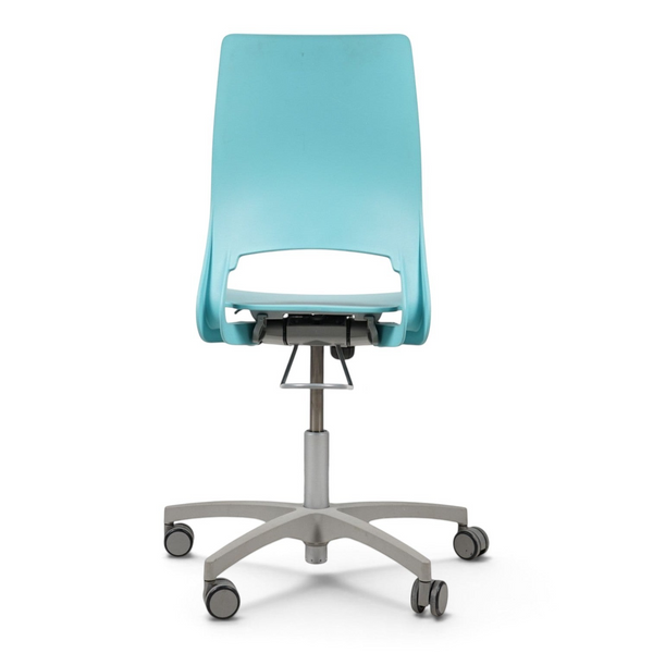 Refurnish by Loopr Kinnarps conference chair in light blue with a five-star base and wheels, back view.