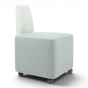 Refurnish by Loopr light blue upholstered cube stool with a short back and wheels