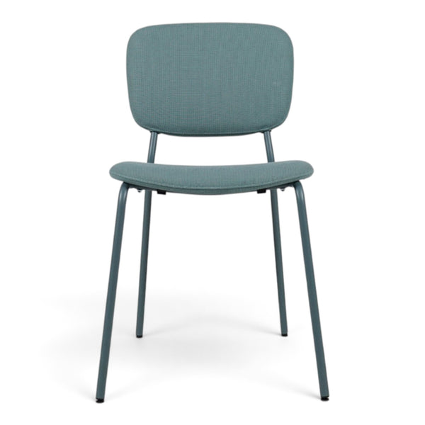Refurnish by Loopr light green IKEA stackable chair with a fabric seat and backrest on a minimalist metal frame.