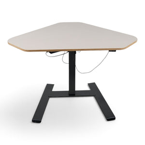 Refurnish by Loopr NOVUS corner sit-stand desk with a clay grey plywood top and a black adjustable metal base.