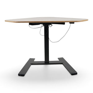Refurnish by Loopr NOVUS corner sit-stand desk with a clay-grey plywood top and black electric height-adjustable frame.