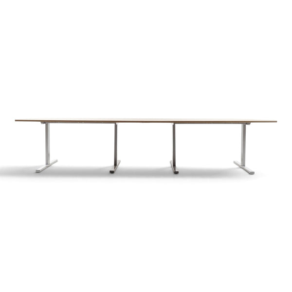 Refurnish by Loopr large oak conference table with a long wooden top and sturdy metal base for office meeting rooms.
