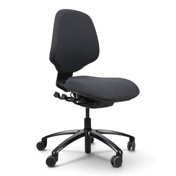 Refurnish by Loopr grey ergonomic office chair by RH with a padded backrest and seat, no armrests, on a wheeled base.