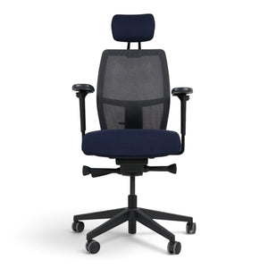 Refurnish by Loopr ergonomic Savo office chair in dark blue with adjustable headrest, armrests, and mesh backrest.