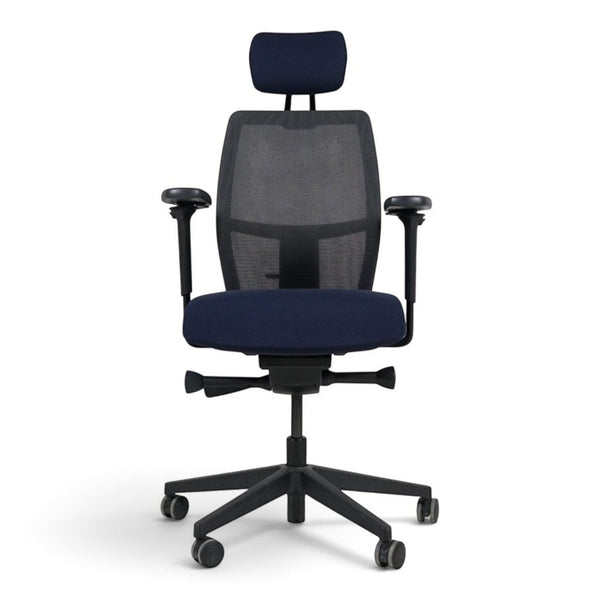 Refurnish by Loopr ergonomic Savo office chair in dark blue with adjustable headrest, armrests, and mesh backrest.