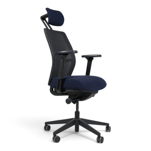 Refurnish by Loopr ergonomic Savo office chair in dark blue with adjustable headrest, armrests, and mesh backrest.