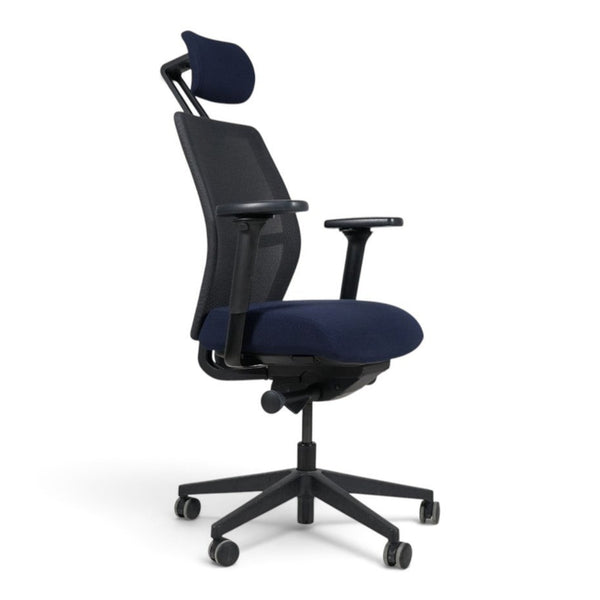 Refurnish by Loopr ergonomic Savo office chair in dark blue with adjustable headrest, armrests, and mesh backrest.